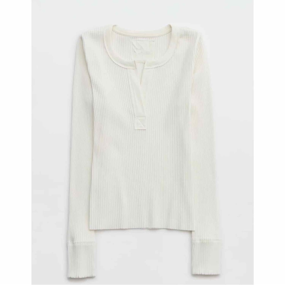 Aerie Fireside Long Sleeve Henley T-Shirt White Small Ribbed Cozy Y2K - Picture 3 of 14